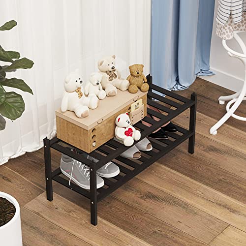 Dranixly Shoe Rack, 2-Tier Bamboo Stackable Shoe Shelf Storage Organizer, Shoe Stand for Closet, Entryway and Hallway （Black）