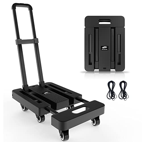 SOLEJAZZ Portable Folding Hand Truck Dolly, 500LB Luggage Cart with 6 Wheels & 2 Bungee Cords For Travel, Moving, Shopping, Office Use, Black