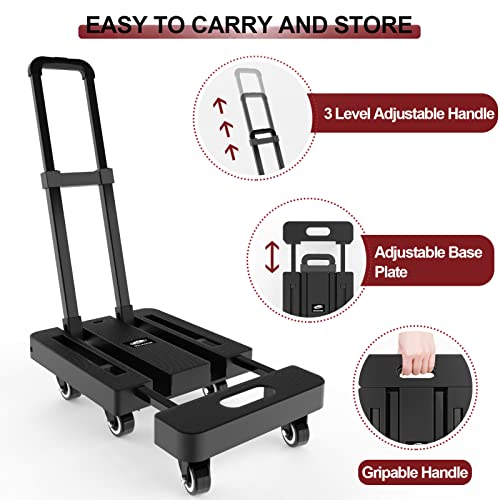 SOLEJAZZ Portable Folding Hand Truck Dolly, 500LB Luggage Cart with 6 Wheels & 2 Bungee Cords For Travel, Moving, Shopping, Office Use, Black