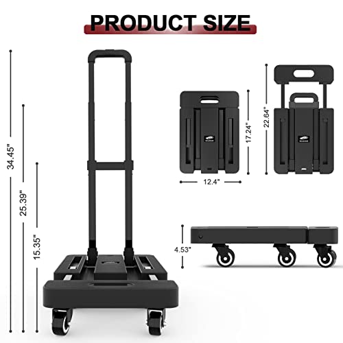 SOLEJAZZ Portable Folding Hand Truck Dolly, 500LB Luggage Cart with 6 Wheels & 2 Bungee Cords For Travel, Moving, Shopping, Office Use, Black