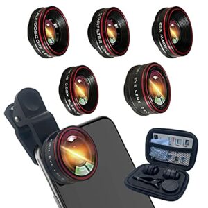 phone camera lens,clip on cell phone lens kit 5 in 1, 235° fisheye lens + 25x macro lens + 0.62x super wide angle lens,starlight+kaleidoscope,for most iphone android phones and smartphones