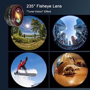 Phone Camera Lens,Clip on Cell Phone Lens kit 5 in 1, 235° Fisheye Lens + 25X Macro Lens + 0.62X Super Wide Angle Lens,Starlight+Kaleidoscope,for Most iPhone Android Phones and Smartphones