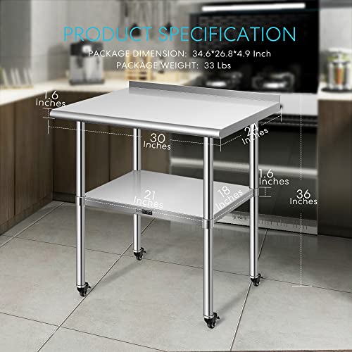 VIVOHOME 24 x 30 Inch Stainless Steel Work Table with Backsplash, Food Prep Commercial Table with Wheels for Restaurant, Hotel, Home and Warehouse