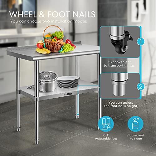 VIVOHOME 24 x 30 Inch Stainless Steel Work Table with Backsplash, Food Prep Commercial Table with Wheels for Restaurant, Hotel, Home and Warehouse