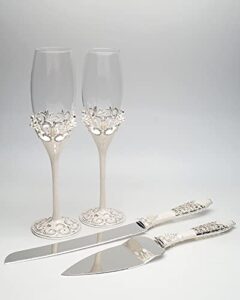 lassos boutique 4-piece set wedding toasting champagne toasting flutes and cake knife pie server set, silver