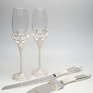 Lassos Boutique 4-Piece Set Wedding Toasting Champagne Toasting Flutes and Cake Knife Pie Server Set, Silver