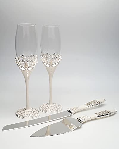 Lassos Boutique 4-Piece Set Wedding Toasting Champagne Toasting Flutes and Cake Knife Pie Server Set, Silver