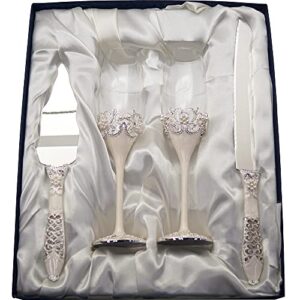 Lassos Boutique 4-Piece Set Wedding Toasting Champagne Toasting Flutes and Cake Knife Pie Server Set, Silver