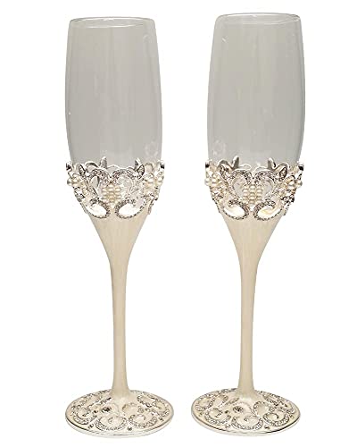 Lassos Boutique 4-Piece Set Wedding Toasting Champagne Toasting Flutes and Cake Knife Pie Server Set, Silver