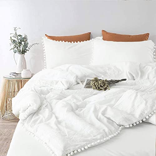 ETDIFFE White Duvet Cover King Size, 3 Piece Cute Boho Farmhouse Microfiber Bedding Comforter Cover Set with Pom Fringes, Soft and Lightweight