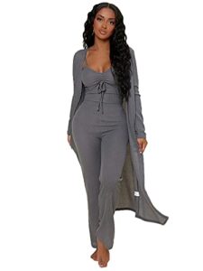 shein women's ruched knot bust cami top long pants lounge set with long sleeve robe dark grey large