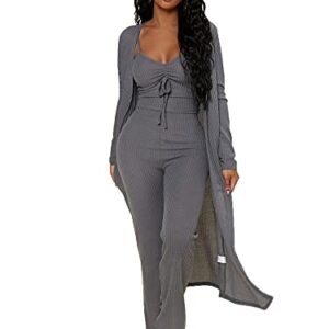 SheIn Women's Ruched Knot Bust Cami Top Long Pants Lounge Set with Long Sleeve Robe Dark Grey Large