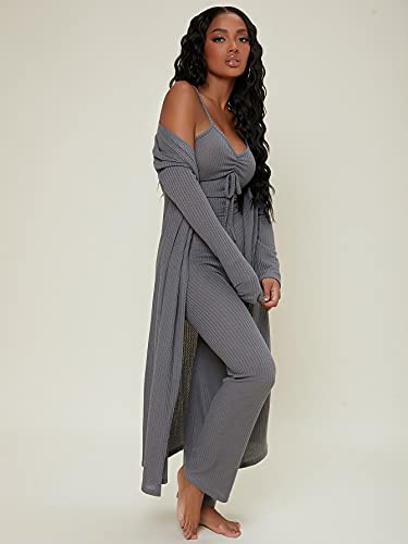 SheIn Women's Ruched Knot Bust Cami Top Long Pants Lounge Set with Long Sleeve Robe Dark Grey Large