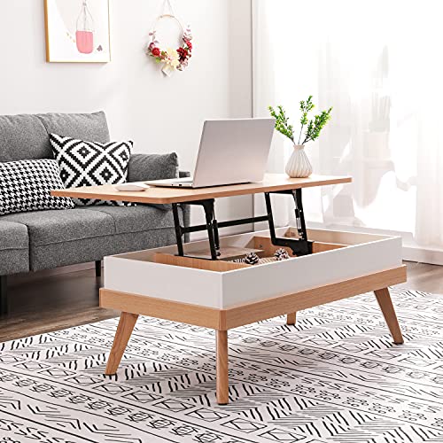 Bidiso Lift Top Coffee Center Table with Hidden Storage Compartment, Easy-to-Assembly , Dining Table for Living Room Reception/Home Office, Oak