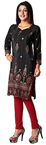 India Kurtis for Women Silk Long Indian Kurta Tunic Party Wear Tops (Black, M)