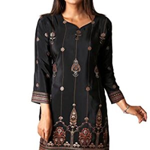 India Kurtis for Women Silk Long Indian Kurta Tunic Party Wear Tops (Black, M)