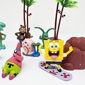 Birthday Celebrations Spongebob Squarepants 2" Figure Play Set of 14 Featuring Squidward, Sandy Cheeks, Patrick Star, Mr. Krabs, Plankten with Palm Trees, Treasure Chest and More (Unique Design)