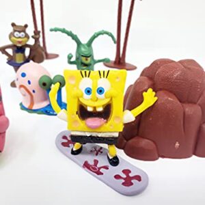 Birthday Celebrations Spongebob Squarepants 2" Figure Play Set of 14 Featuring Squidward, Sandy Cheeks, Patrick Star, Mr. Krabs, Plankten with Palm Trees, Treasure Chest and More (Unique Design)