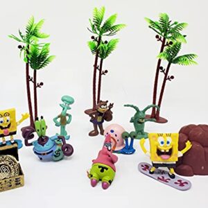 Birthday Celebrations Spongebob Squarepants 2" Figure Play Set of 14 Featuring Squidward, Sandy Cheeks, Patrick Star, Mr. Krabs, Plankten with Palm Trees, Treasure Chest and More (Unique Design)