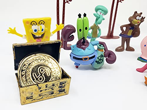 Birthday Celebrations Spongebob Squarepants 2" Figure Play Set of 14 Featuring Squidward, Sandy Cheeks, Patrick Star, Mr. Krabs, Plankten with Palm Trees, Treasure Chest and More (Unique Design)