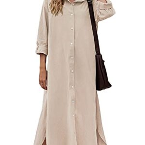 Sopliagon Women Cotton and Linen Shirt Dress Casual Loose Maxi Dresses Apricot XL