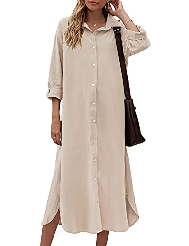 Sopliagon Women Cotton and Linen Shirt Dress Casual Loose Maxi Dresses Apricot XL