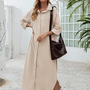 Sopliagon Women Cotton and Linen Shirt Dress Casual Loose Maxi Dresses Apricot XL