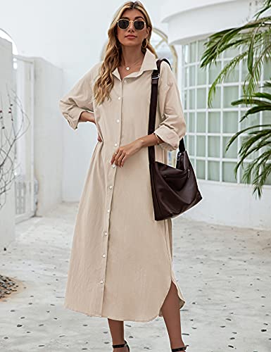 Sopliagon Women Cotton and Linen Shirt Dress Casual Loose Maxi Dresses Apricot XL