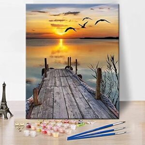 DIY Painting by Numbers for Adults, Bridge at Sunset Paint by Number, Sea Adult Paint by Numbers Kits on Canvas, Seabird Paint by Numbers for Beginner and Kids Flameless (16X20 Inch)