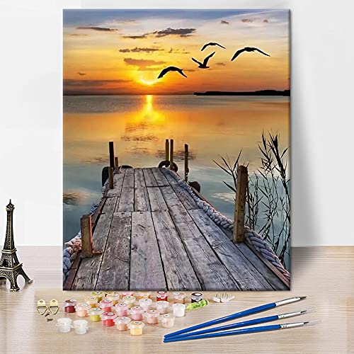 DIY Painting by Numbers for Adults, Bridge at Sunset Paint by Number, Sea Adult Paint by Numbers Kits on Canvas, Seabird Paint by Numbers for Beginner and Kids Flameless (16X20 Inch)