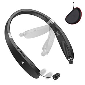 neckband bluetooth headphones w/ 30hrs playback, wings foldable wireless headset retractable earbuds, around the neck in ear earphones w/noise cancelling microphones, work from home, office, commute