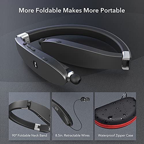 Neckband Bluetooth Headphones w/ 30hrs Playback, Wings Foldable Wireless Headset Retractable Earbuds, Around The Neck in Ear Earphones w/Noise Cancelling Microphones, Work from Home, Office, Commute