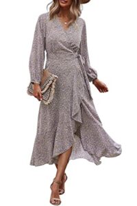 prettygarden women's long sleeve vintage flowy dress floral print v-neck maxi dresses with belt (khaki,small)