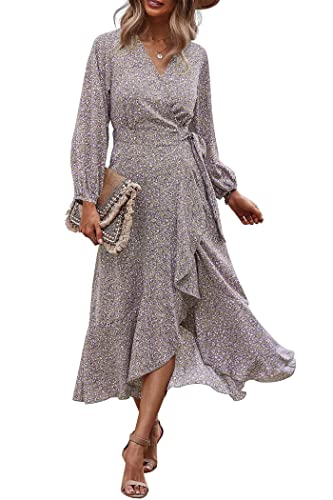 PRETTYGARDEN Women's Long Sleeve Vintage Flowy Dress Floral Print V-Neck Maxi Dresses with Belt (Khaki,Medium)