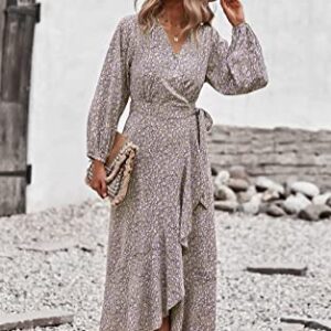 PRETTYGARDEN Women's Long Sleeve Vintage Flowy Dress Floral Print V-Neck Maxi Dresses with Belt (Khaki,Medium)