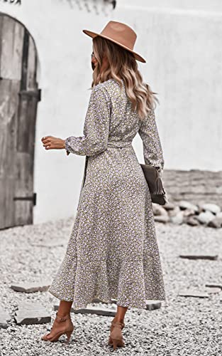 PRETTYGARDEN Women's Long Sleeve Vintage Flowy Dress Floral Print V-Neck Maxi Dresses with Belt (Khaki,Medium)