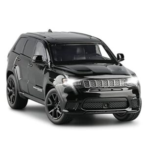 grand cherokee trackhawk toy car diecast model car 1/32 scale suv vehicle metal zinc alloy casting, light sound, 4 doors open, boys toys kids birthday gifts mens collection, black