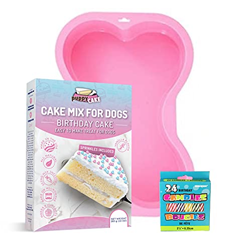 Puppy Cake Mix Dog Birthday Cake Kit, with Bone Silicone Pan and Candles (Birthday Cake, Pink) Made in USA