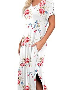 PrinStory Womens Long Nightgowns V Neck Loungewear Short Sleeve Sleepwear Casual Nightdress FP White-X-Large