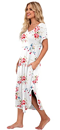 PrinStory Womens Long Nightgowns V Neck Loungewear Short Sleeve Sleepwear Casual Nightdress FP White-X-Large