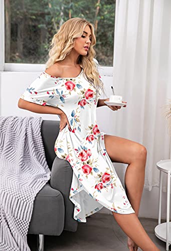 PrinStory Womens Long Nightgowns V Neck Loungewear Short Sleeve Sleepwear Casual Nightdress FP White-X-Large