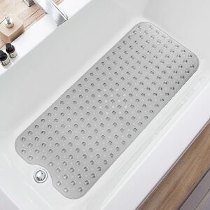teeshly bathtub mats for shower tub extra long non-slip bath mat, 39 x 16 inch shower mat with drain holes and suction cups, bath tub mat for bathroom with machine washable (clear grey)