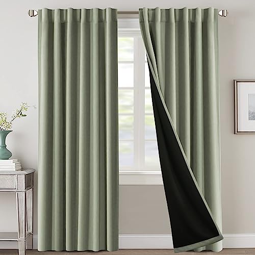 100% Blackout Curtains for Bedroom with Black Liner Full Room Darkening Curtains 84 Inches Long Thermal Insulated Back Tab/Rod Pocket Window Treatment Drapes for Living Room, Sage, 2 Panels