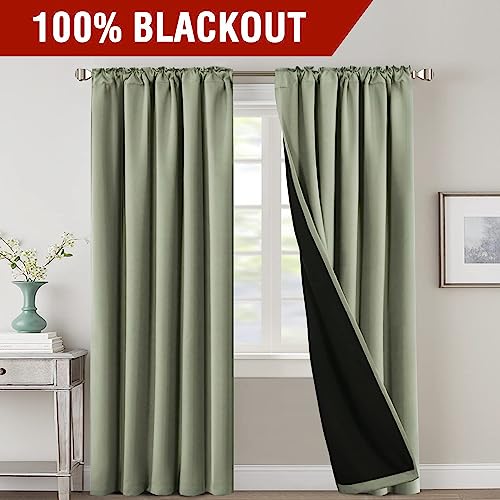 100% Blackout Curtains for Bedroom with Black Liner Full Room Darkening Curtains 84 Inches Long Thermal Insulated Back Tab/Rod Pocket Window Treatment Drapes for Living Room, Sage, 2 Panels