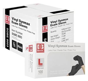 basic disposable medical synmax vinyl exam gloves- 4 mil safty glove 1000pcs - latex-free & powder-free - sgbe 8003, large (case of 1000, black)
