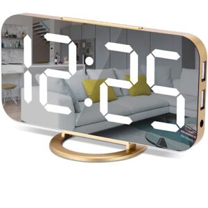 digital alarm clock,7 in led mirrored clocks large display,with 2 usb charger ports,auto dim,night mode,modern desktop electronic clocks for bedroom home office decor - gold