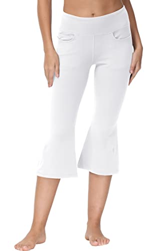 Cakulo Women's Plus Size Capris Pants Yoga Flare High Waist Bootcut Stretch Jean Casual Palazzo Cream Bottoms Knee Flared Leggings with Pockets White XL