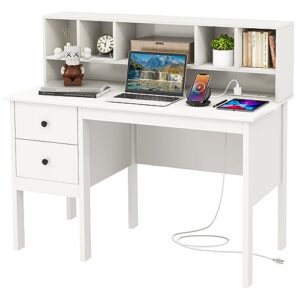 tangkula white desk with drawers & hutch, modern home office desk writing study desk with charging station, laptop desk with 5 storage compartments, computer workstation makeup vanity desk
