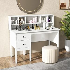 Tangkula White Desk with Drawers & Hutch, Modern Home Office Desk Writing Study Desk with Charging Station, Laptop Desk with 5 Storage Compartments, Computer Workstation Makeup Vanity Desk