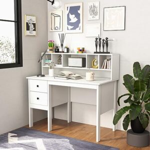 Tangkula White Desk with Drawers & Hutch, Modern Home Office Desk Writing Study Desk with Charging Station, Laptop Desk with 5 Storage Compartments, Computer Workstation Makeup Vanity Desk